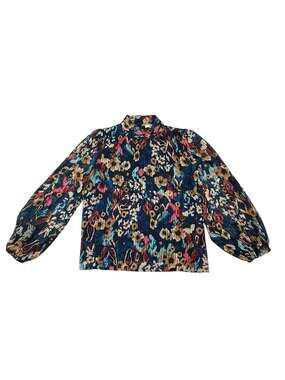 Jade Melody Tam Plissé Floral Print Mock Neck Balloon Sleeve Blouse M